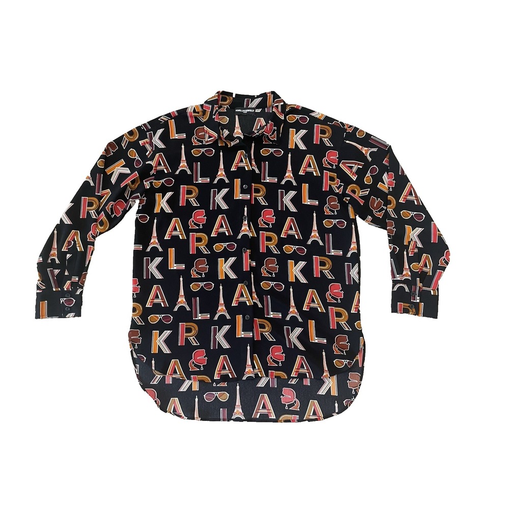 Karl Lagerfeld Initial Paris  Button Up Shirt Women Large Black Eiffel Tower